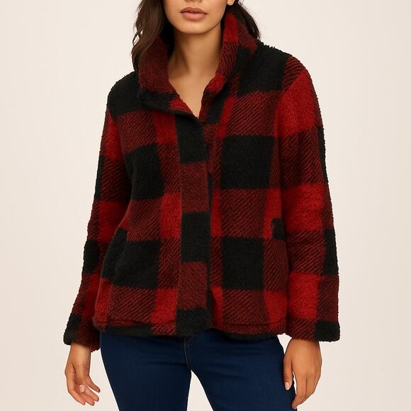 Francesca's Harper Heritage Red & Black Buffalo Plaid Casual Fleece Jacket Small - Picture 1 of 6